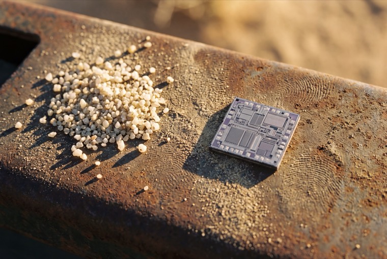 The same material, twice — quartz grains and a bare die